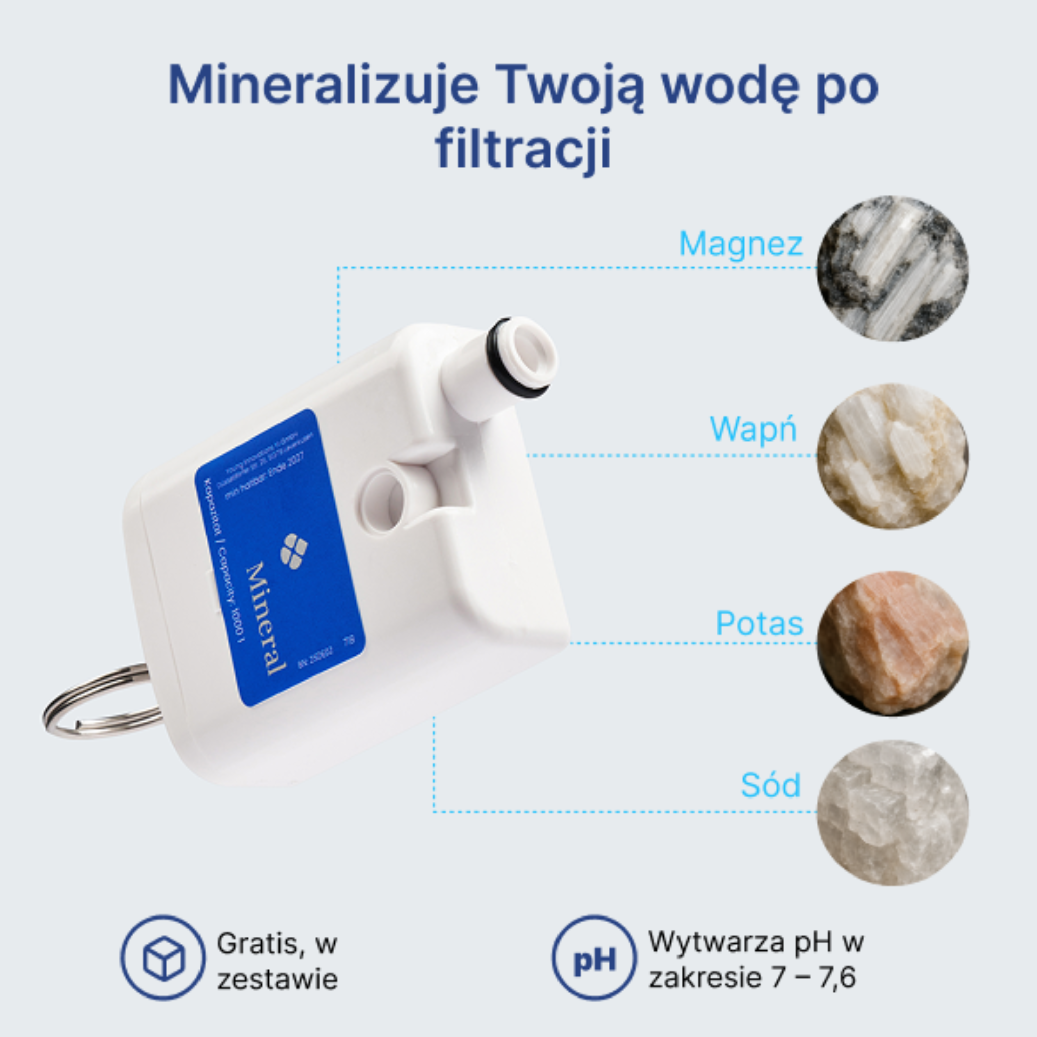 Filtr MN wzbogaca wodę w magnez, potas, wapń i sód, dzięki czemu odzyskuje ona naturalny, delikatny smak. Podnosi pH i przywraca mineralną równowagę po procesie osmozy. To idealne rozwiązanie dla osób, które chcą pić zdrową, zbilansowaną wodę każdego dnia. Filtr MN jest łatwy w montażu, wydajny i kompatybilny z systemem HO3 Home One.