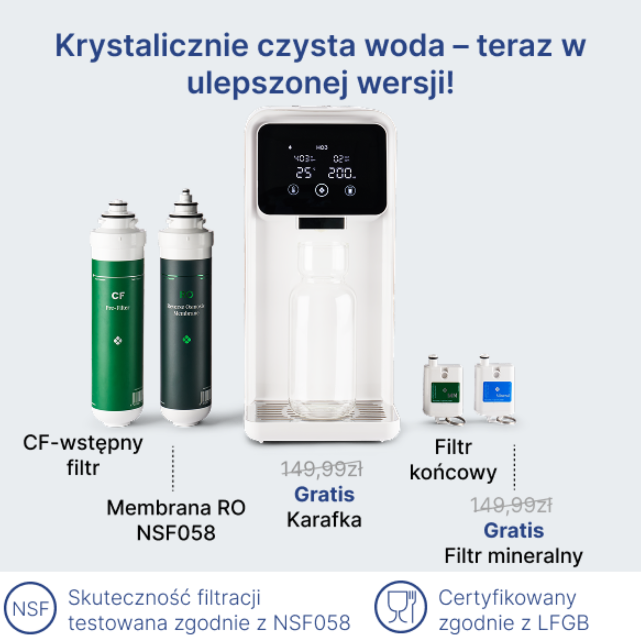Zestaw HO3 Home One to kompletny system filtracji wody, który łączy cztery filtry: membranę osmotyczną RO, filtr wstępny CF, filtr mineralny MN oraz filtr mineralizujący. Urządzenie wykorzystuje technologię odwróconej osmozy, dzięki czemu usuwa do 99,9 procent zanieczyszczeń i metali ciężkich. W zestawie znajduje się również elegancka karafka borokrzemowa HO3. System zapewnia krystalicznie czystą, świeżą i zdrową wodę prosto z kranu.